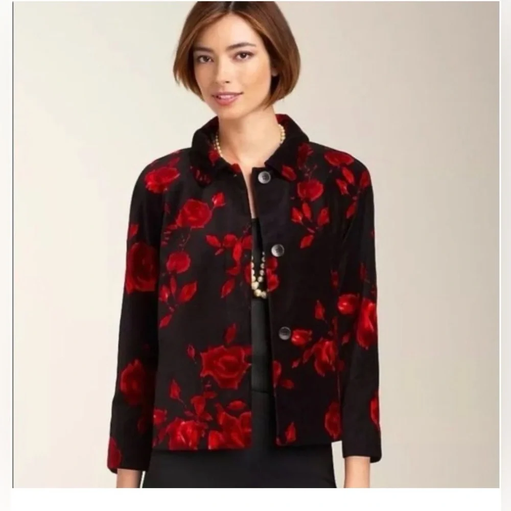 Talbots black velvet blazer red roses SZ 18 3/4 length sleeves 100% Cotton lined - Picture 3 of 15